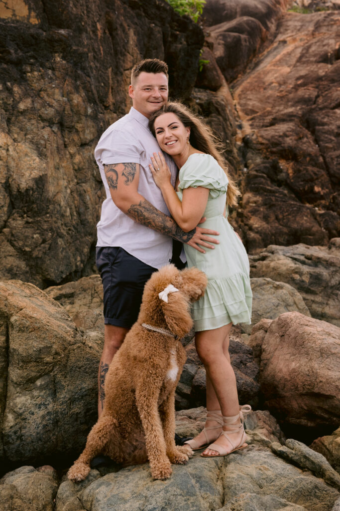 Beau and Trudy's engagement photoshoot at the beach in Townsville with their dog Mopsy