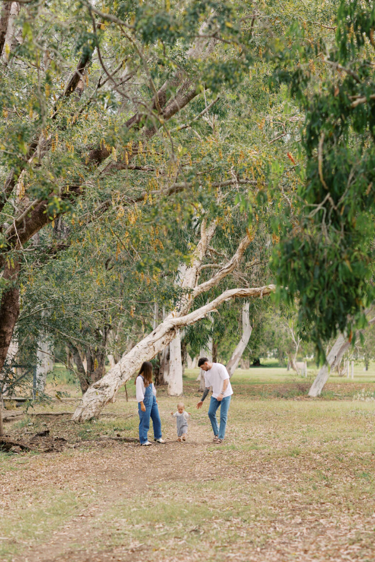 The mum, dad and little boy are walking along under big gum trees