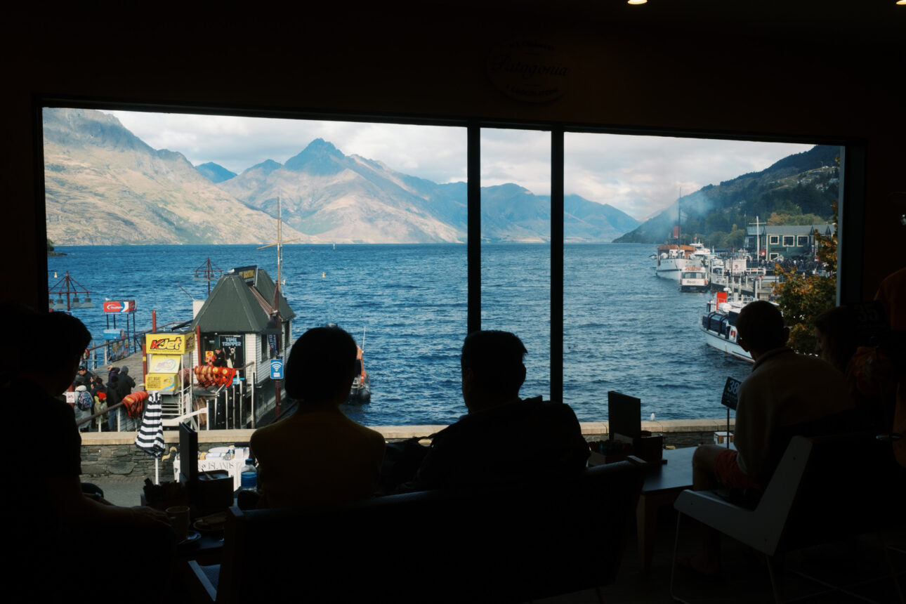 The window view from upstairs at Patagonia Chocolate shop in Queenstown